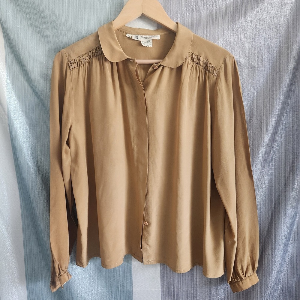 Serge Nancel Paris Vintage 100% Silk Smocked Blouse Tan Peter Pan Collar Sz 44